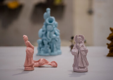 Ceramic figures by Lisa Allan, on display at the Launch Night of British Ceramics Biennial 2019