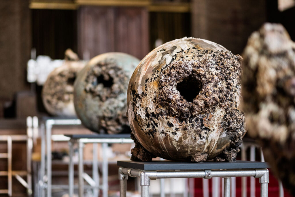 Gaia by Rebecca Appleby is being exhibited at All Saints Church in Stoke-on-Trent as part of the 2023 British Ceramics Biennial.