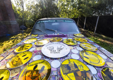 a 1969 Ford Zodiac car covered in mosaic tiles on display during the eighth edition of the British Ceramics Biennial (BCB) in Stoke-on-Trent.