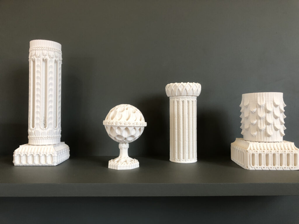 Delicate porcelain pieces made by 3D printing clay, as part of Nico Conti's work in the 2023 British Ceramics Biennial.