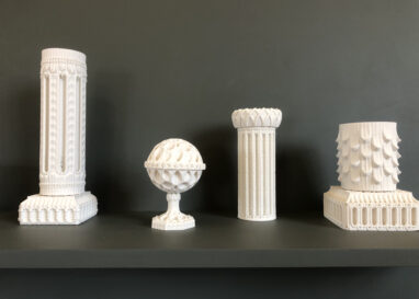 Delicate porcelain pieces made by 3D printing clay, as part of Nico Conti's work in the 2023 British Ceramics Biennial.