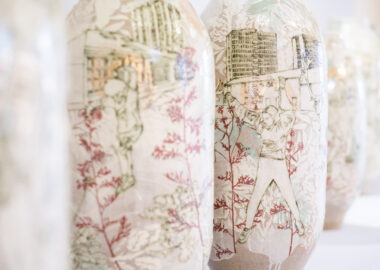 Intricately patterned clay vessels that are part of Emilie Taylor's work at the 2023 British Ceramics Biennial.